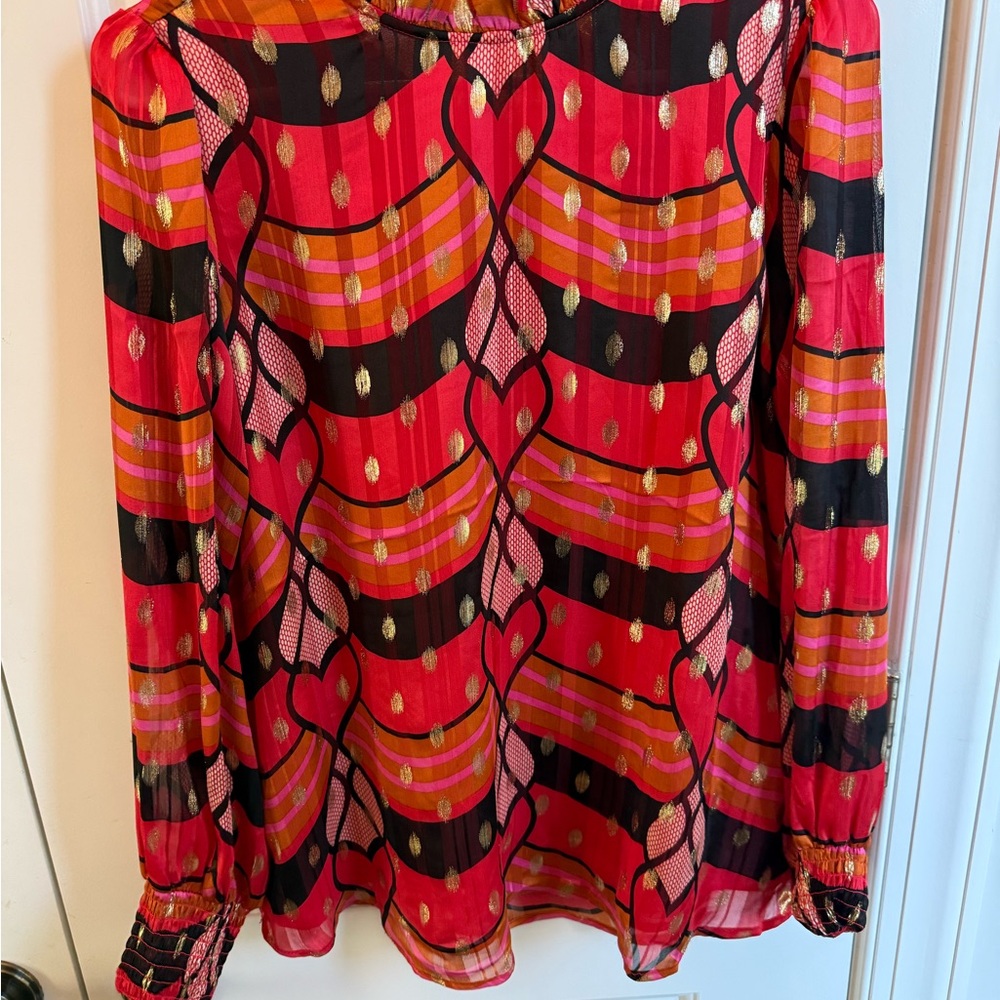 Joie Red and Black Patterned Long-Sleeve Blouse